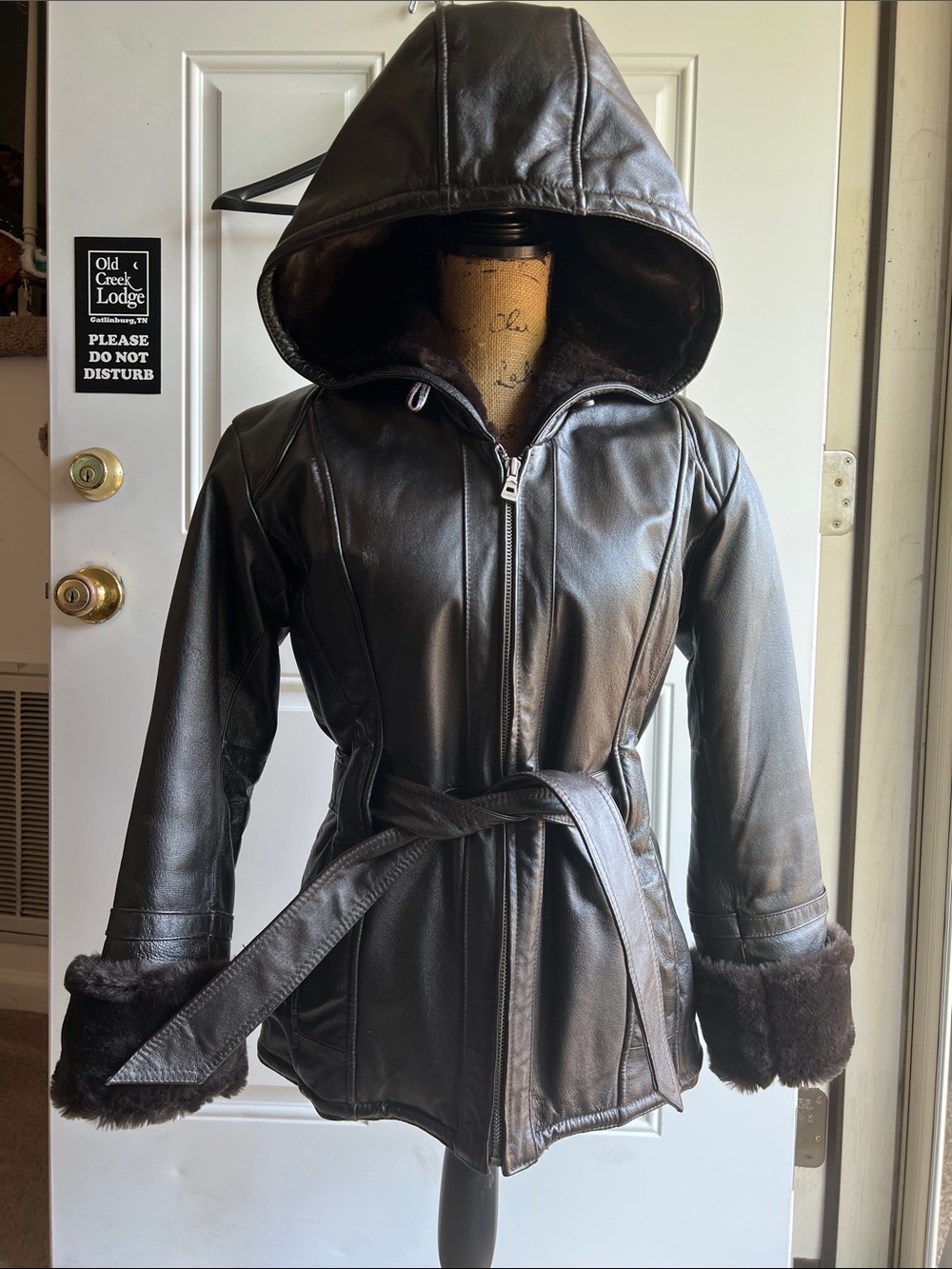 Wilsons Women's Black Hooded Leather FurLined Coat with Belt XS